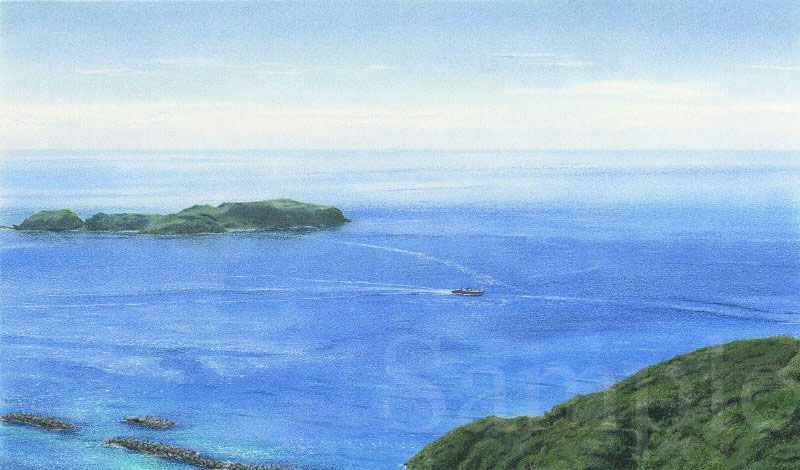 新島・富士見峠からの眺め　イラスト　色鉛筆